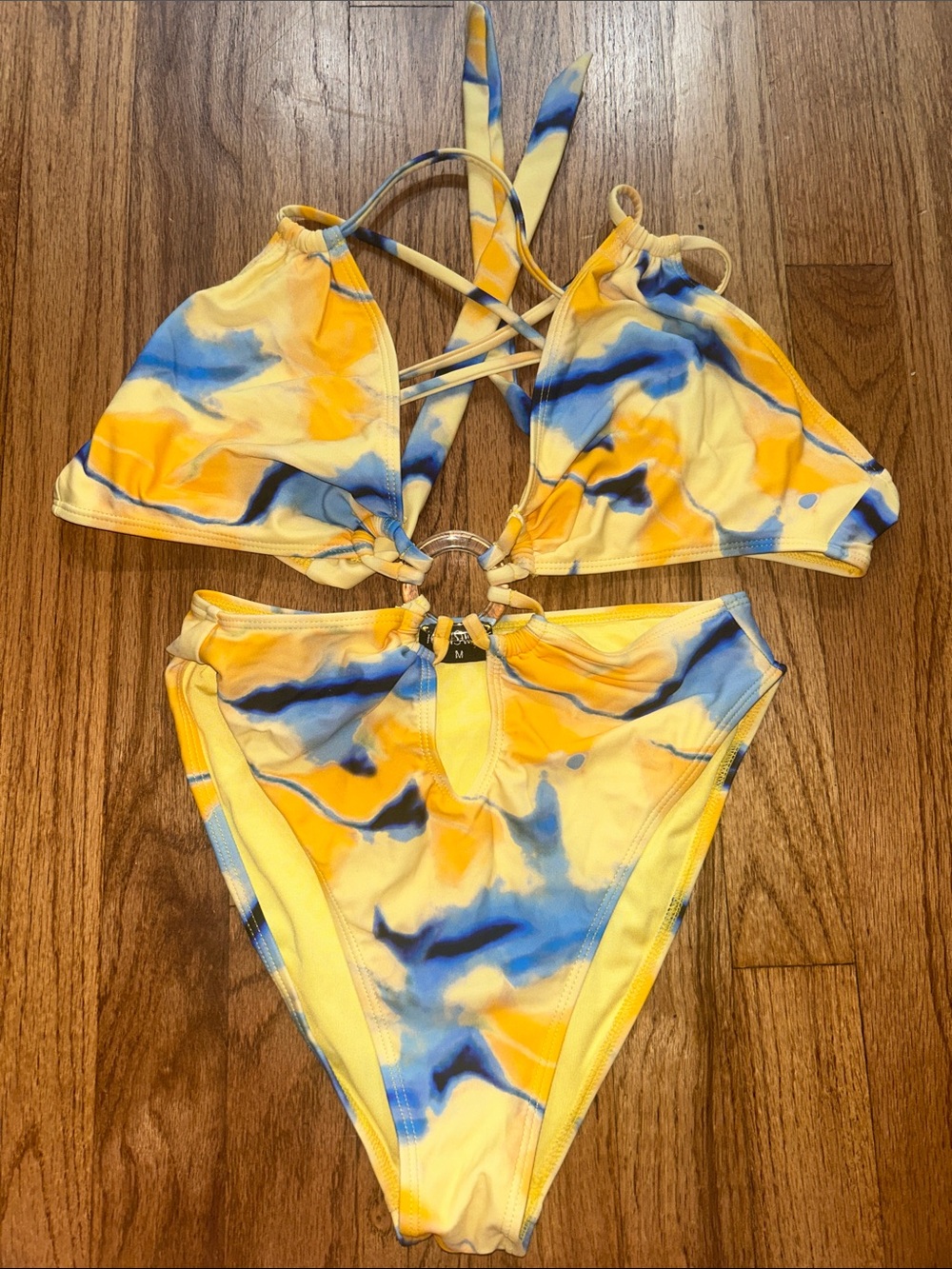 Yellow & Blue Tie-Dye Ring Detail Bikini Set Medium